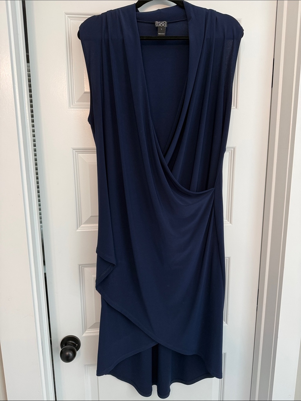 Clara Sun Woo Navy Sleeveless Asymmetrical Draped Dress